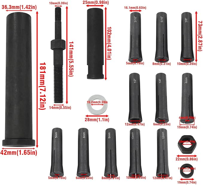 95400 in-Line Dowel Pin Puller Master Set Includes Both SAE and Metric Collets, Dowel Dismantling Tools