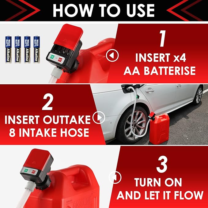FPOWER Automatic Fuel Transfer Pump - AA Battery Powered, Gas Pump With Quick Flow Control & Stop, Extra Long Hose, Portable for Oil, Diesel, Gasoline