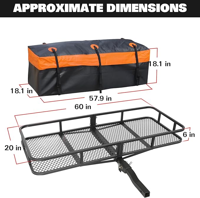 WEIZE Folding Hitch Mount Cargo Carrier Basket 60" x 20" x 6" with Waterproof Bag, Net, Strap, 2-Inch Folding Shank, 500 lbs Capacity Hitch Rack, Steel Construction