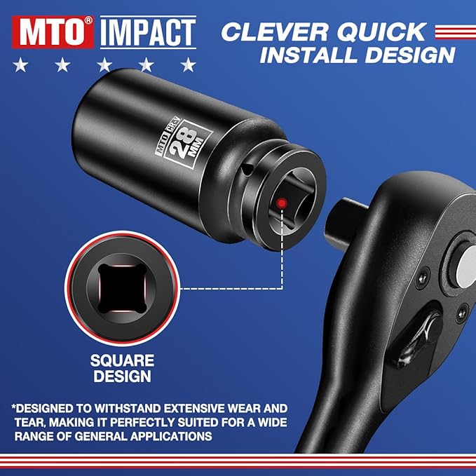 MTO 1/2" Drive 28mm Deep Impact Socket, 6-Point Metric Socket for Automotive Maintaince, CR-V Steel Meets ANSI Standards