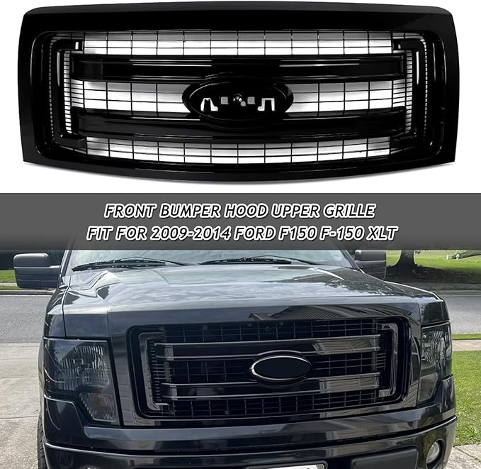 Front Bumper Grille Grill Fit For 2009-2014 Ford F150 F-150 XLT Style Front Hood Upper Grille Guard Cover Replacement For DL3Z8200DA/DL3Z8200CA (Glossy Black)