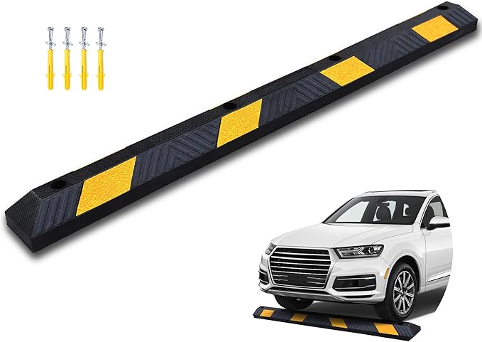 OrangeStar 72" Rubber Parking Curb, Heavy Duty Garage Floor Wheel Stopper w/Yellow Reflective Stripe for Car, Truck, Trailer