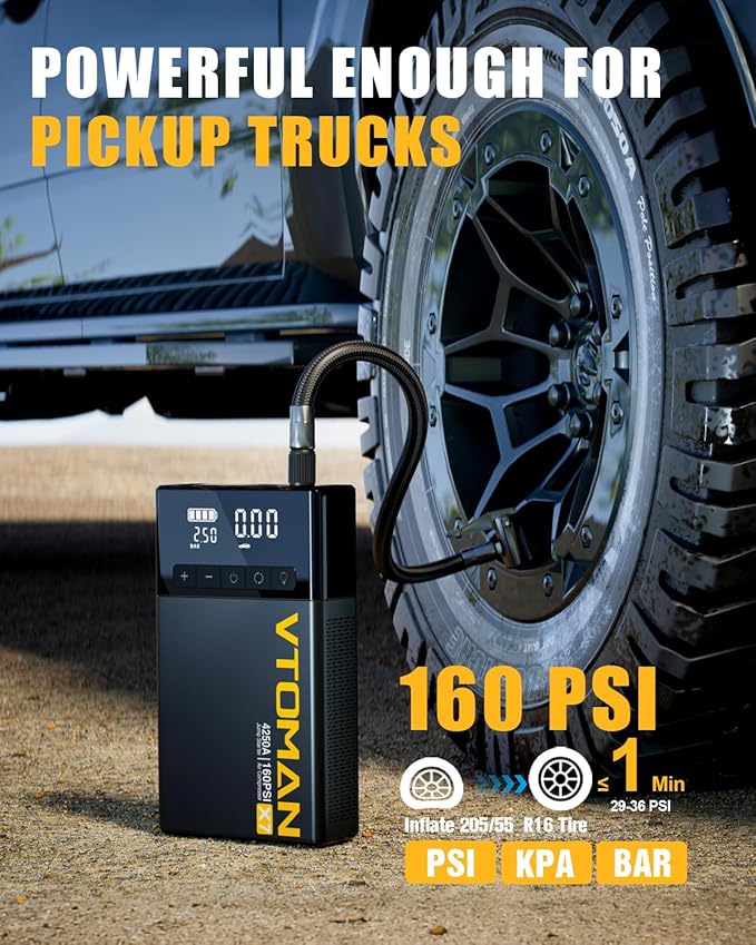 VTOMAN X7 Jump Starter with Air Compressor, 4250A&160PSI Battery Car Jumper Starter Portable Booster Pack (10L Gas/10L Diesel) with Tire Inflator, 12V Lithium Jump Box for Pickup Trucks & Suvs, QC 3.0