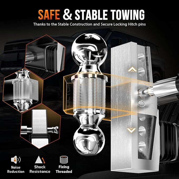 Adjustable Trailer Hitch (Fits 2-Inch Receiver) - Aluminum Tow Hitch with 6-Inch Drop/Rise for Truck (12,500 LBS GTW) - Double Anti-Theft Locking Hitch Pins (Silver, 2.0inch-6Drop-Tri Ball)