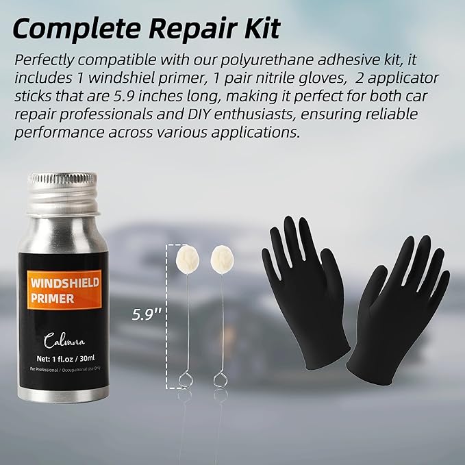 1 fl.oz Windshield Primer, Urethane Primer for Automotive, Promotes Adhesion of Polyurethane Sealants, UV Resistant, Fast Drying, with 1 Pair Gloves, 2 Applicator Sticks, Black