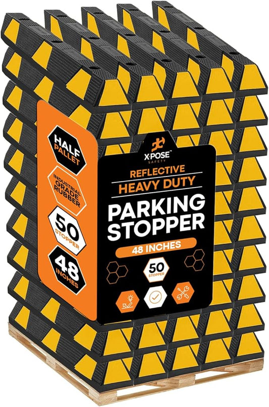 Xpose Safety 48" Heavy Duty Rubber Parking Stopper – Bulk Full Pallet 50 Pack Wheel Blocks for Garage, Driveway, or Ramp – Car Bumper Stop with Yellow Reflective Strips – Removable Floor Mount