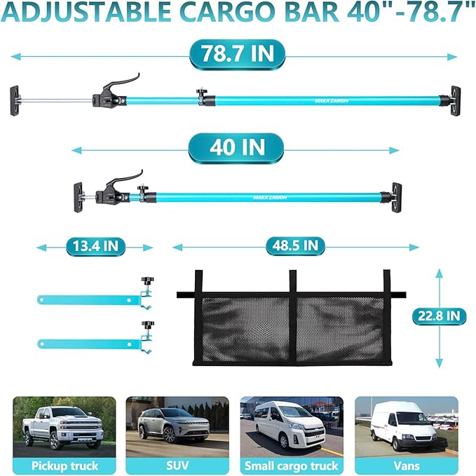 Adjustable Cargo Bar, Truck Bed Divider from 40 to 78.7 IN with 200LB Bearing Capacity, Cargo Bar for Pickup, Truck Bed Organizer Cargo Bars for SUV, Trailer, Van, Come With 2 Divider Bar, 1 Cargo Net