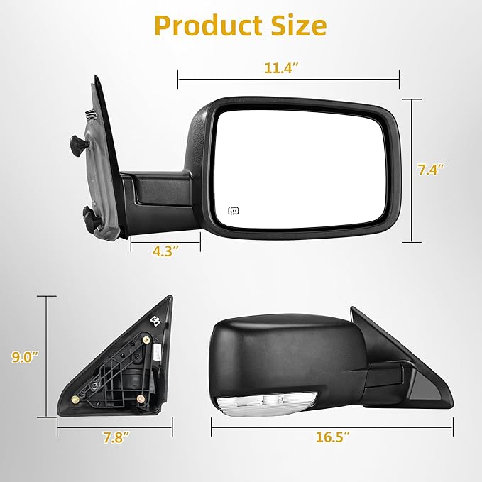 DWVO Right Passenger Side Mirror fit 09-16 Dodge Ram 1500, 10-16 Ram 2500 3500 4500 5500, Door Mirror with Power Adjustable Heated Led Turn Signal Puddle Light