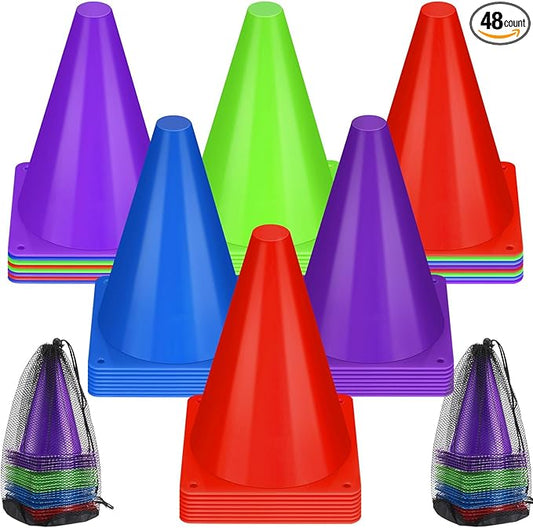 Leelosp 48 Pack 7" or 9" Plastic Traffic Cones Agility Field Marker Soccer/Safety/Sports/Training Cones for Skating Basketball Football Practice Drills Themed Party Decorations