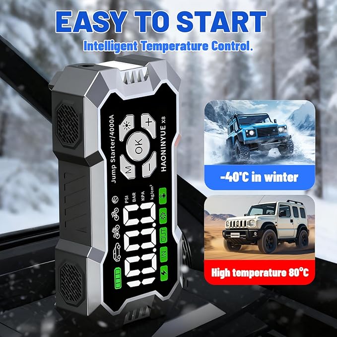 Car Jump Starter with Air Compressor,4000A Car Battery Jump Starter,150PSI Portable Tire Inflator,12V Jump Box Battery Pack (8L Gas 6L Diesel Engine) Car Battery Charger,LED Light,and Jumper Cables