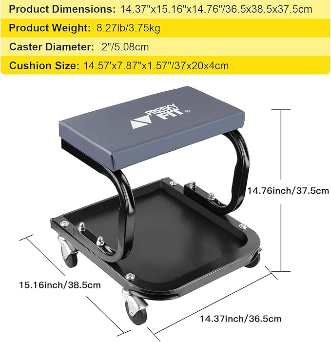 Mechanic Rolling Stool with Wheels, Car Creeper Seat with Large Tool Tray Storage for Auto Repair Shops, Garage Shop Stool on Wheels for Men, Padded Mechanic Chair, 250 LBS Capacity, Grey
