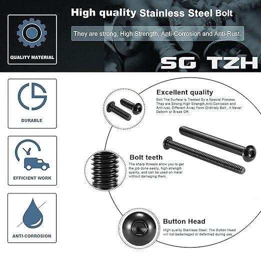 1/4-20 x 1-1/4" Button Head Socket Cap Bolts Screws, 10Pcs 304 Stainless Steel 18-8, Allen Hex Drive, Black Oxide by SG TZH(with Hex Spanner)