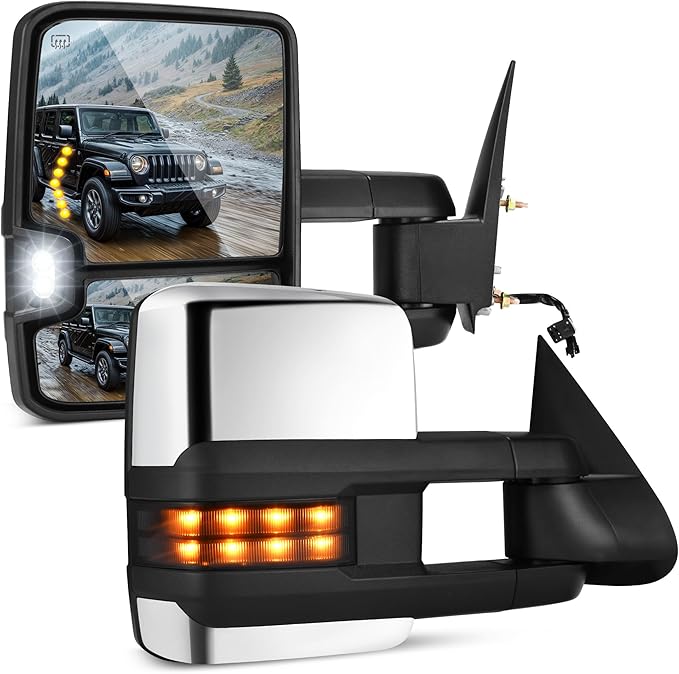 DWVO Towing Mirrors Compatible with Chevy Silverado Sierra 1500 2500, 1999 2000 2001 2002 2001-2002 GMC Yukon XL, Heated Power Adjusted Glass Turn Signal Light Backup Lamp Telescoping Chrome