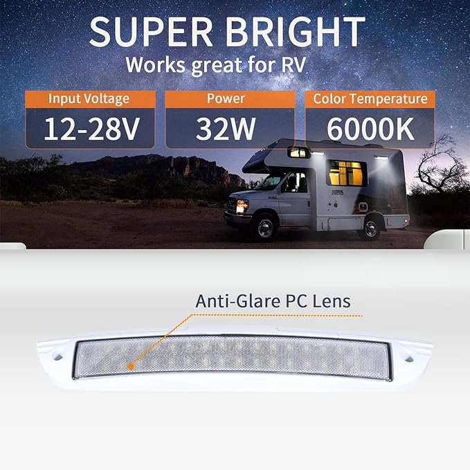 12.3 Inch RV LED Exterior Light Fixture, 6000K Cool White Flood Beam LED Porch Outdoor Utility Light, 12V/24V DC Work Scene Lighting for Truck/Camper/Boat/Trailer, White Finish, 1-Pack