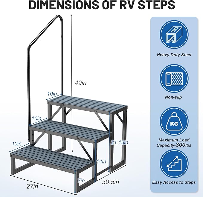 RV Steps Spa Steps with Handrail - 3 Step Hot Tub Steps Trailer Steps Mobile Home Stairs for 5th Wheel RV, Trailer, Hot Tub, Pool, Porch with Non-Slip Mats