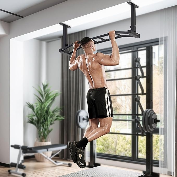 Kipika 48" Ceiling Mounted Pull Up Bar, Heavy Duty Multi-Grip Chin Up Bar,Mounted Pull Up Bar, Adjustable Height, Pull Up Bands for Chin Ups & Body Stretching, Ideal for Home Gym and Strength Training