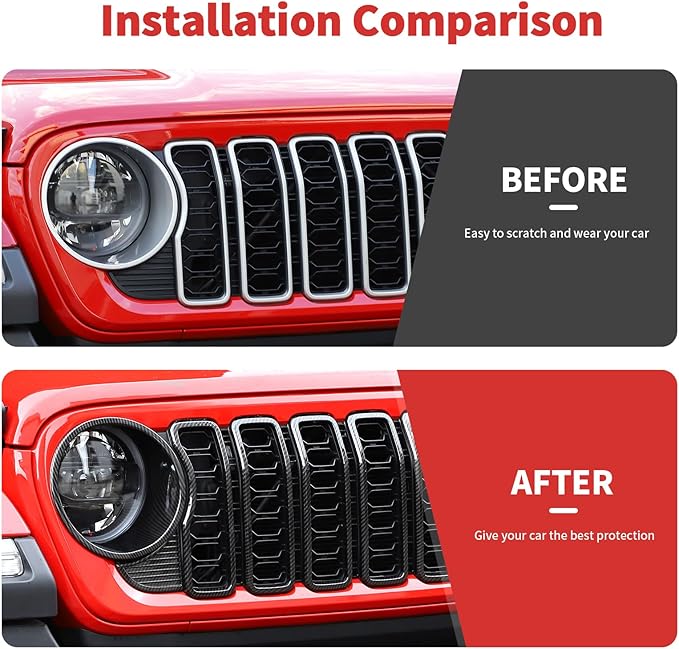 Front Grille Grill Insert+Headlight Turn Light Cover Trim Fit for 2024-2025+ Jeep Wrangler JL JLU & Gladiator JT,Not Fit for JL Sport & Sports (Carbon Fiber)