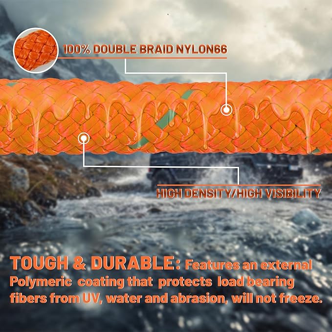 1.26" x 30ft Heavy-Duty Kinetic Recovery Rope – 56,000lbs Break Strength – Includes 2 Ultra-Strong UHMWPE Soft Shackles – Ideal for Trucks, SUVs, Jeeps, UTVs, ATVs & Tractors (Orange)