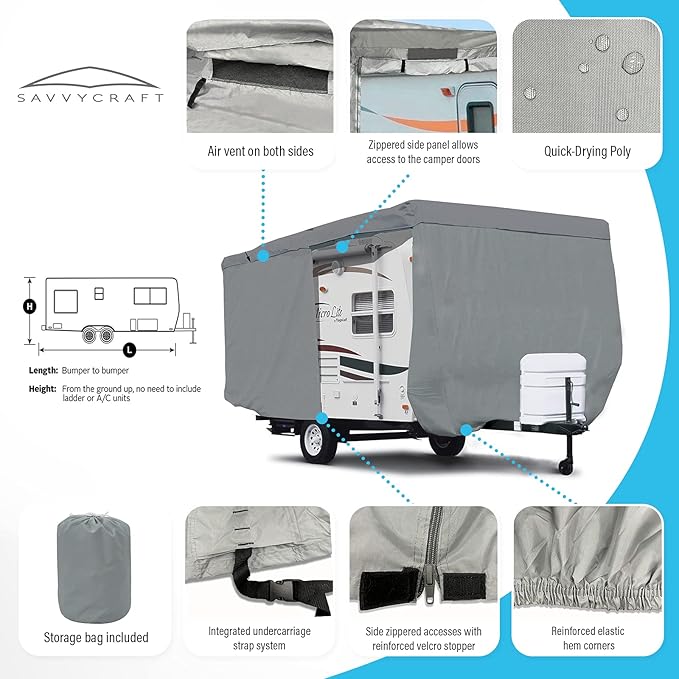 SavvyCraft Premium Travel Trailer RV Cover, Waterproof Tear-Resistant Windproof Camper Cover with Access Panels Fits 16'-17'