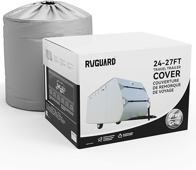 RVGUARD RV Cover, Travel Trailer Cover fits for 24' - 27' RV, 6 Layers Anti-UV Waterproof Camper Cover, with Tongue Jack Cover and Storage Bag, Grey
