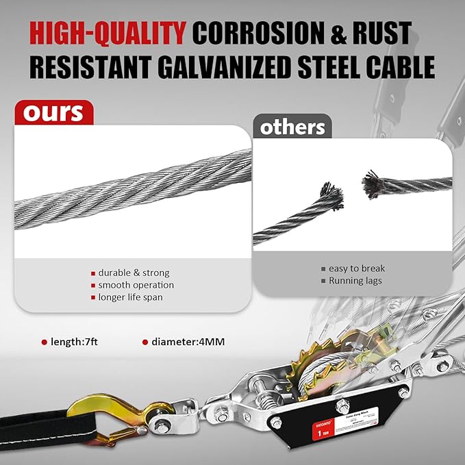 Come Along Winch 1 T Pulling Capacity 7 FT Steel Cable 2 Hooks Heavy Duty Ratchet Power Puller Tool with Dual Gears Automotive Hoist Cable Puller Ideal for Vehicle Rescue.