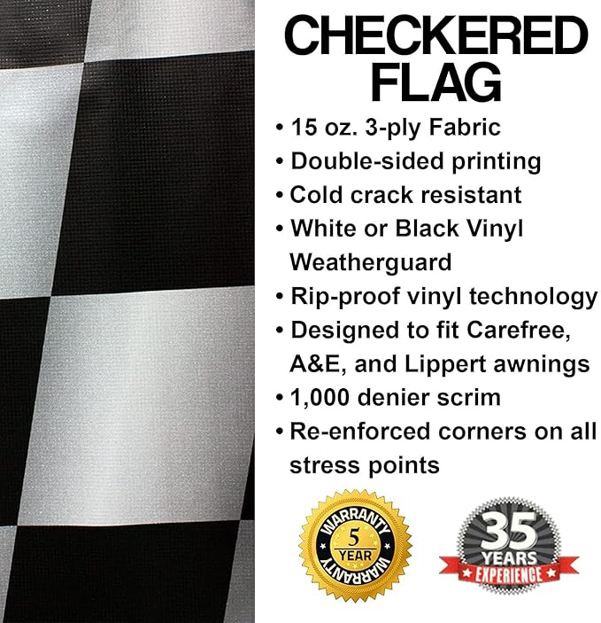 ShadePro - RV Awning Fabric Replacement - Heavy Duty Weatherproof Vinyl - Universal Outdoor Canopy for Camper, Trailer, and Motorhome Awnings - Checkered Flag Blk WG - 23' (Fabric 22' 2")