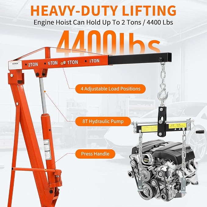 2-Ton Folding Engine Hoist Cherry Picker 4400 Lb Capacity Hydraulic Shop Crane with Telescoping Boom 6 Caster Wheels for Automotive Repair (Yellow, Engine Hoist with Leveler)