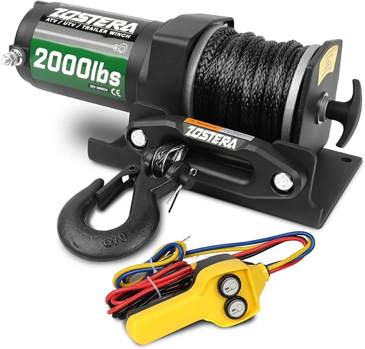 2000lbs ATV Winch with Synthetic Rope Electric Winch 12V Waterproof with Mounting Plate ATV UTV Towing Winch