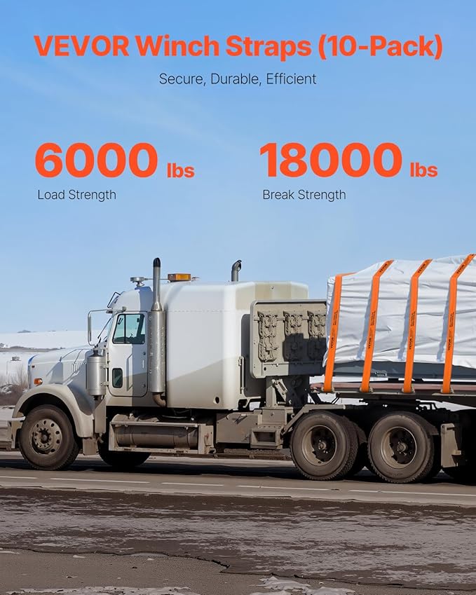 VEVOR Truck Straps, 4" x30' Heavy Duty Tie Down w/Flat Hooks 18,000lbs Break Strength, WLL# 6000lbs, Cargo Straps tie Down for Flatbeds, Trucks, Trailers, Farms, Rescues, Tree Saver, Orange(10 Pack)