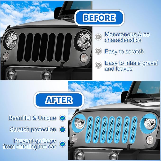 Nilight Grill Inserts fit for Jeep Wrangler Front Grille Mesh Inserts & Headlight Cover Set for JK JKU Unlimited Sports Sahara Freedom Rubicon 2007-2018 Clip-in Trim Exterior Accessories Blue 9 Pcs