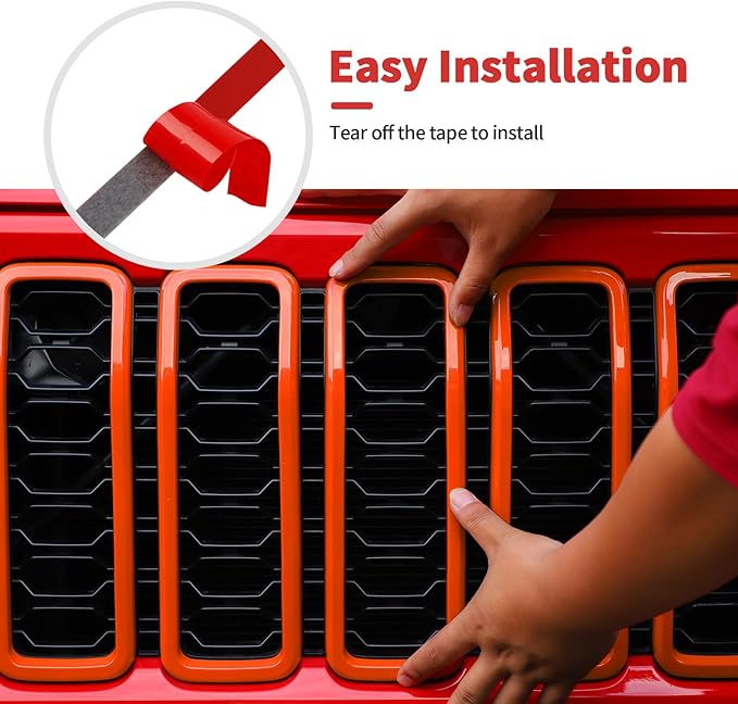 Front Grill Insert+ Headlight Bezels Cover Kit Compatible with 2024-2025+ Jeep Wrangler JL JLU & Gladiator JT, Not Fit for JL Sport & Sports(Orange,Style A)