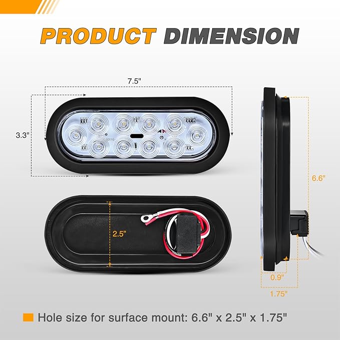 GOOACC 6Inch Oval Trailer Tail Light 4PCS 10LED White Reverse Back Up Lights w/Surface Mount Grommets Plugs IP67 Waterproof for Truck RV Tractor