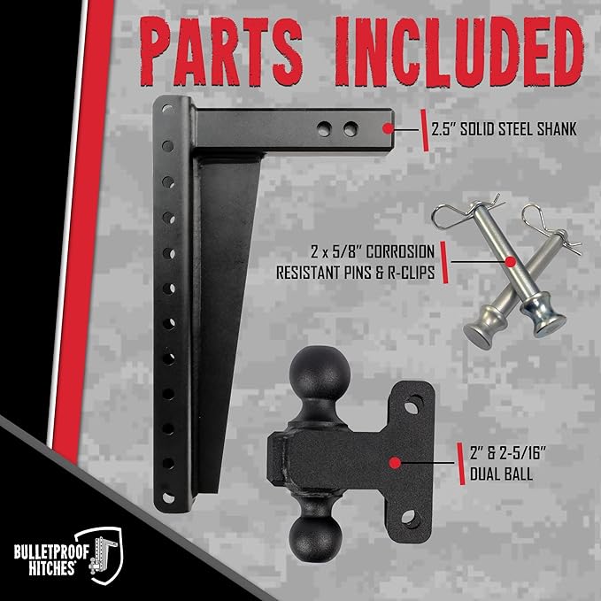 BulletProof Hitches - 2.5" Adjustable Heavy Duty Trailer Hitch (22,000 lb. Rating) - 18" Drop/Rise Trailer Hitch with 2" & 2-5/16" Dual Ball - Powder Coat, Solid Steel, Corrosion-Resistant