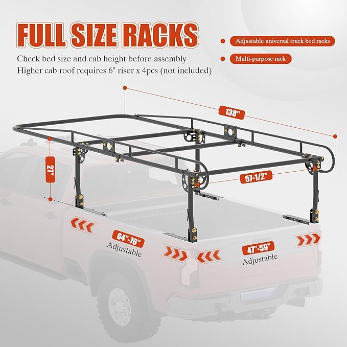 Universal Steel Over-Cab Truck Bed Rack Contractor Pickup Lumber Full Size Rack Adjustable for Kayak, Ladder, Surfboard, Lumber