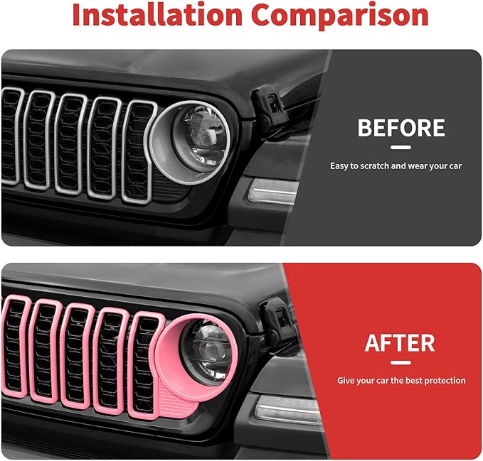 Front Grill Insert+Headlight Turn Light Cover Compatible with 2024-2025 Jeep Wrangler JL JLU & Gladiator JT Exterior Accessories,Not Fit for JL Sport & Sports (Pink)