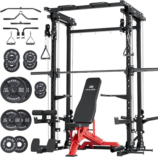 Major Fitness Drone3 Smith Machine – All-in-One Home Gym Squat Rack with Weight Bar, Cable Crossover Machine – Heavy-Duty Fitness Equipment for Strength Training and Full-Body Workouts