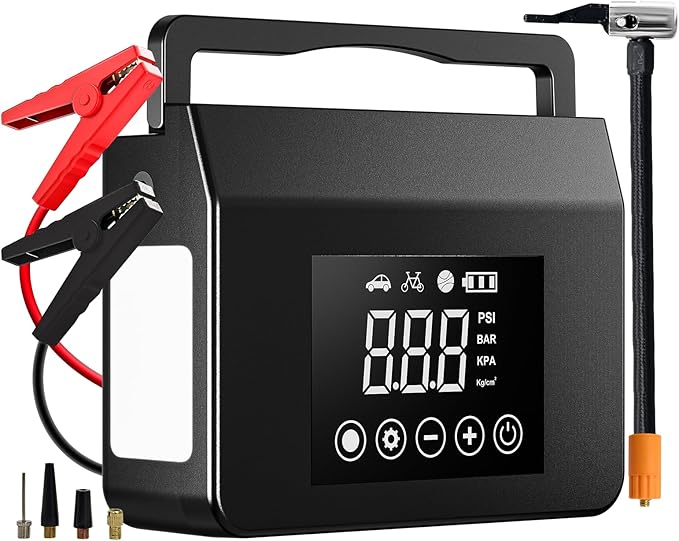 Hieha 4000A Portable Jump Starter with Air Compressor, 12V Car Battery Power (All Gas 8L Diesel) with 150PSI Tire Inflator 15000mAh PowerBank & Quick Charge, Flashlight, Emergency kit for Car, Truck