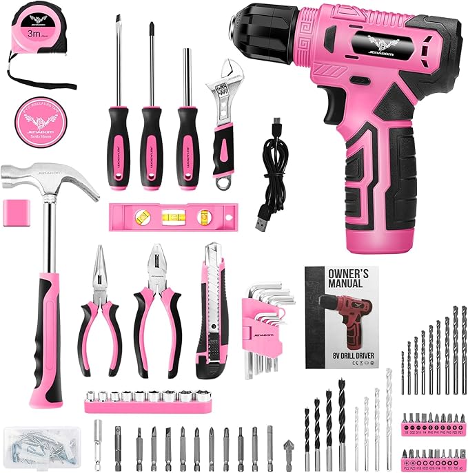 Tool Set：Pink Tool Kit with 8V Cordless Drill, Tool Box with Drill, Hand Drill Set for Men & Women, Home Tool Kits for House Repair, Handyman, DIY 127 Piece
