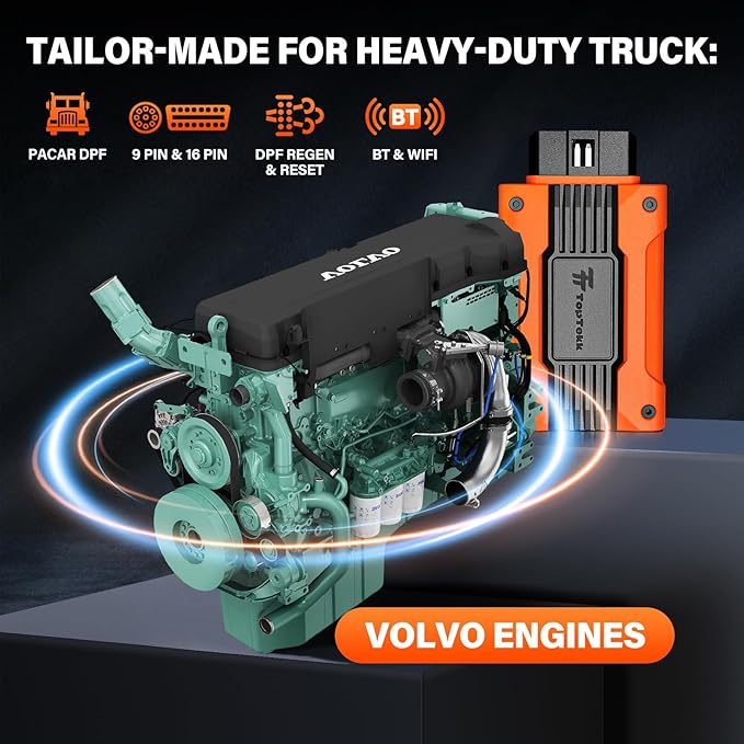 Real-Time DPF Regeneration Monitor, OBD2 Code Reader for Heavy Duty Truck Compatible with Volvo Engines, Condition-Based Regen and Reset for Smoother Driving