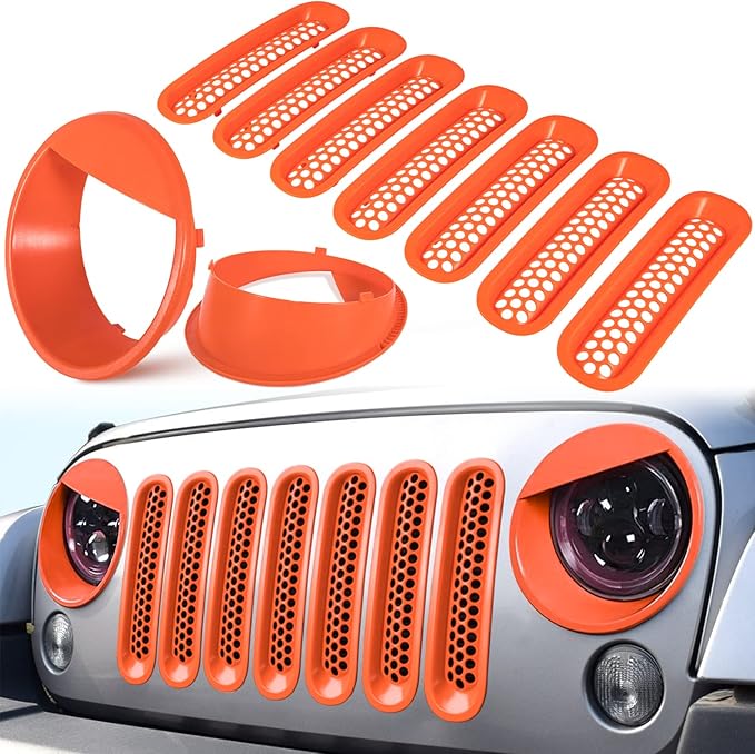 Front Grille Mesh Inserts & Headlight Cover for Jeep Wrangler JK JKU Sport Freedom Rubicon Sahara Unlimited 2007-2018 Exterior Accessories Clip-in Grille Guard Headlight Bezels Trim (Matte Orange)