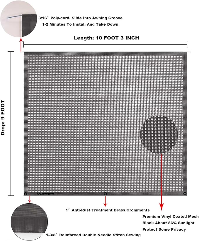 Tentproinc RV Awning Sun Shade Screen 9' X 10' 3''(Fit for 11' Awning)- Mesh Sunshade for RV Awning Sunscreen Motorhome Camping Trailer Awning Shadescreen Block UV Glare - 3 Year Warranty (Brown)