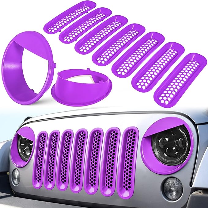 E-cowlboy Front Grille Mesh Inserts & Headlight Cover for 2007-2017 Jeep Wrangler JK JKU Unlimited Sport Rubicon Sahara Clip-in Grille Cover Guard Angry Bird Headlight Bezels Trim (Matte Purple)