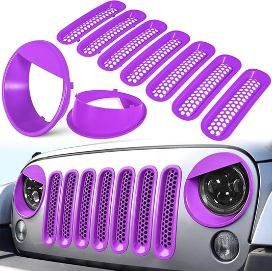 E-cowlboy Front Grille Mesh Inserts & Headlight Cover for 2007-2017 Jeep Wrangler JK JKU Unlimited Sport Rubicon Sahara Clip-in Grille Cover Guard Angry Bird Headlight Bezels Trim (Matte Purple)