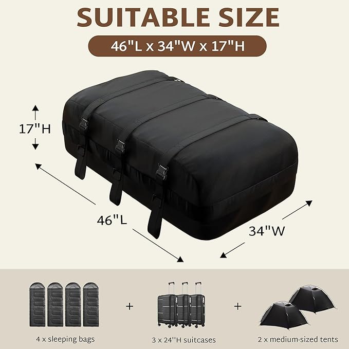 iBirdie Roof Rack Cargo Carrier 15.3 Cubic Feet, Soft-Shell Rooftop Cargo Box, Waterproof Heavy Duty 1200D for Car with/Without Roof Rack, Includes Anti-Slip Mat, Door Hooks, 46x34x17 inches