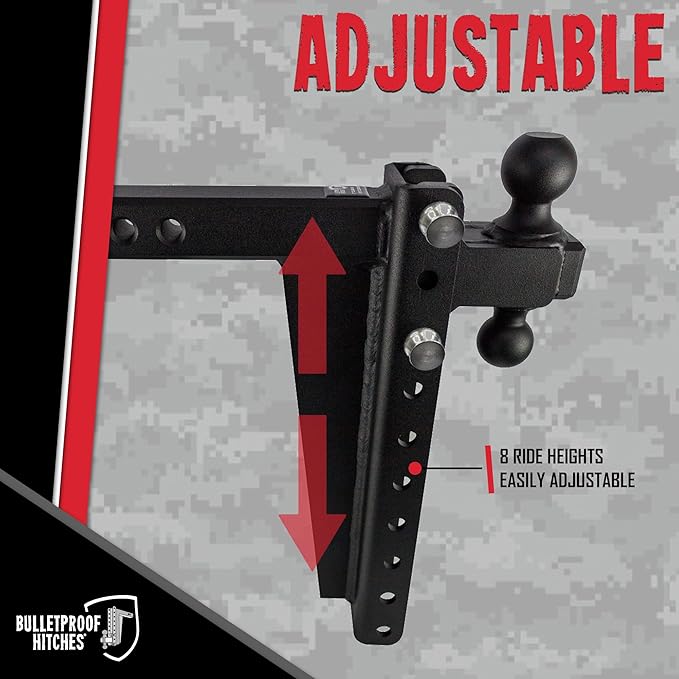 BulletProof Hitches - 2.0" Adjustable Heavy Duty Trailer Hitch (22,000 lb. Rating) - 14" Drop/Rise Trailer Hitch with 2" & 2-5/16" Dual Ball - Powder Coat, Solid Steel, Corrosion-Resistant