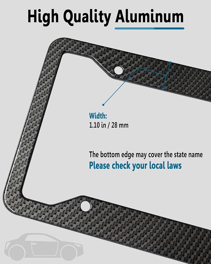 Carbon Fiber License Plate Frames- 2 Pack Black Aluminum Front & Rear Auto Car Tag Holder, Heavy Duty Bracket with Mount Hardware, Screws Caps, Rattle Proof Pads (Carbon Pattern