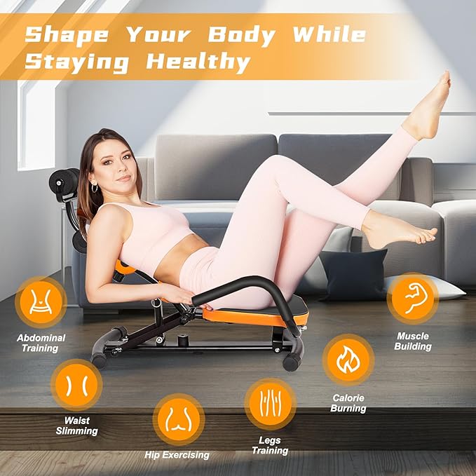 Ab Workout Machine, Height Adjustable Ab Rocker Trainer w/Ergonomic Curved Back, Cushioned Seat, Strong Spring Boost for Core Strength Training, Compact Sit Up Machine for Home Gym