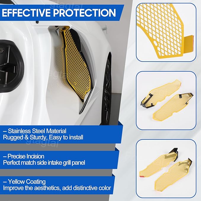 Side Intake Grill Guards Mesh Compatible with Chevrolet Corvette C8 2020-2025, Stainless Steel Side Radiator Guards Grille Vents Insert Mesh Accessories, 2Pcs (Yellow)