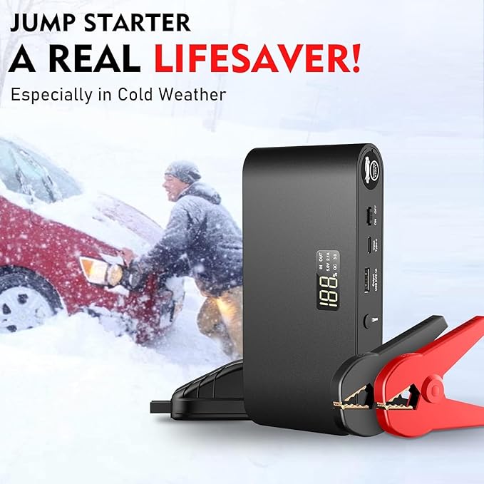 BOOKOO Car Battery Jump Starter 4000A,16000mAh Portable Battery Jumper Cables for Car 8L Gas | 7L Diesel Engines,Jump Box with USB QC 3.0 | PD 18W Fast Charging,3 LED Modes with SOS for Emergency Use