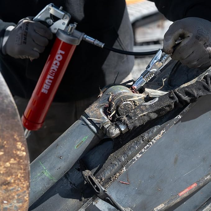 LockNLube Heavy-Duty Pistol Grip Grease Gun (Red). Includes our patented LockNLube® Grease Coupler (Locks On, Stays On, Won't Leak!) plus a high-quality 20" hose and in-line hose swivel